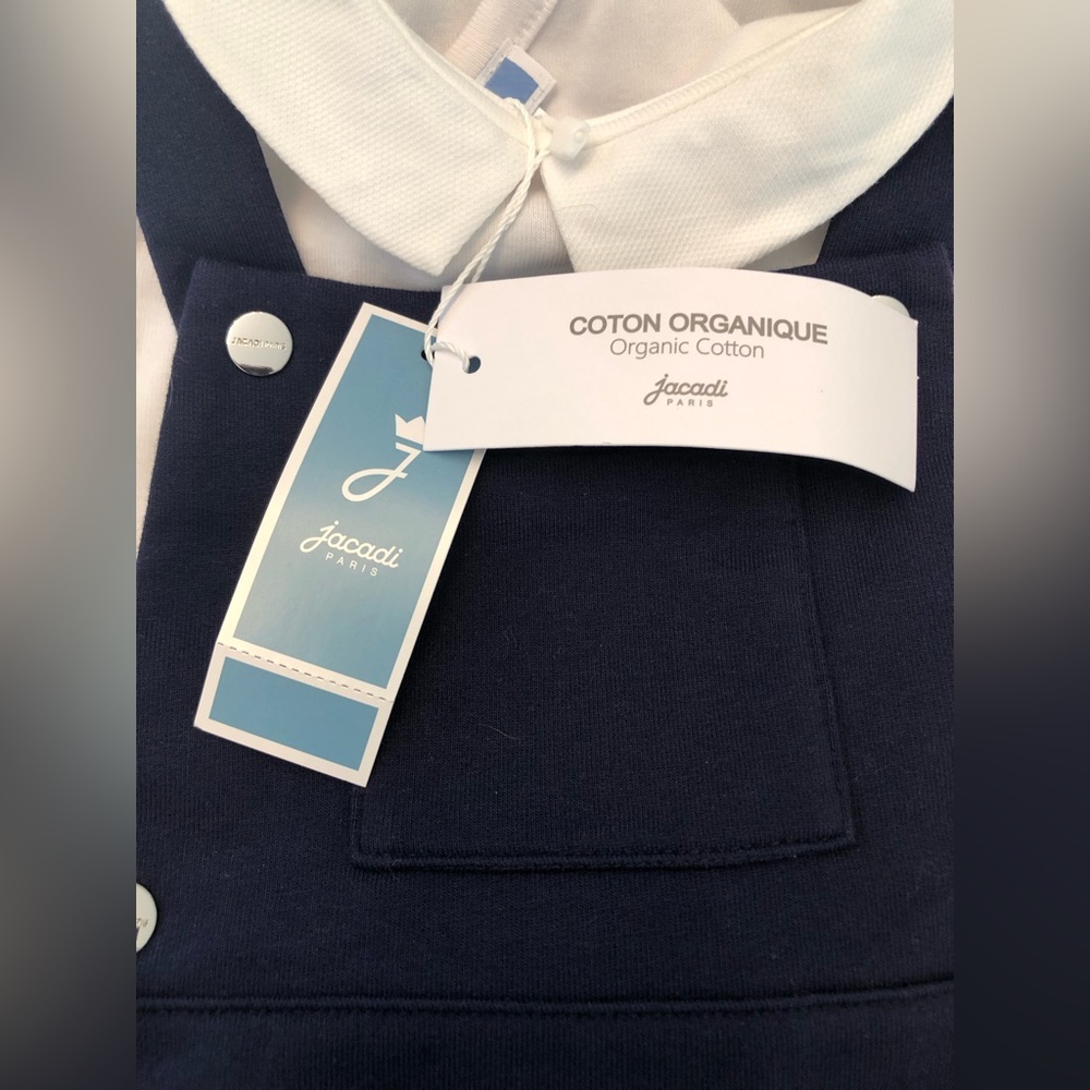 NWT! Jacadi Paris two piece white collared bodysuit & navy blue overall loungers - Picture 2 of 12